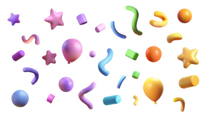 Party clappers confetti 3d vector, shapes. Birthday or carnival fireworks or popper paper streamers, star and elements for greeting design. Different colors, celebration.