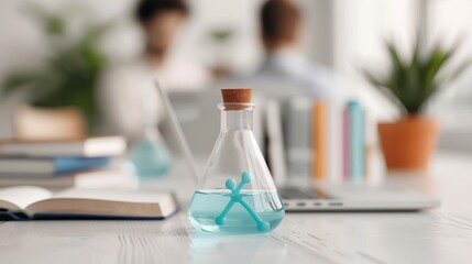 A glass flask with blue liquid on a desk with books, a laptop and two people in the background.