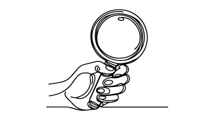 one line drawing of a hand holding a magnifying glass