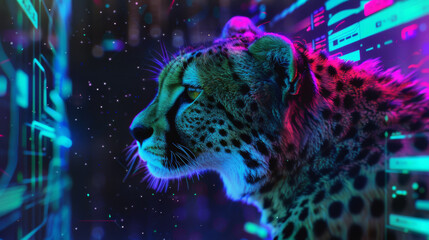 A cheetah in a digital environment, highlighting the fusion of nature and technology