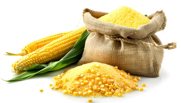 cornmeal in canvas bag and corncob with leaves isolated on white background