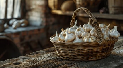 Garlic basket displayed on old wooden table