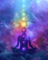 Naklejka premium Meditating figure surrounded by prana energy, radiant chakras, cosmic background, holographic light, high-resolution digital art