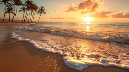 Beautiful Sunset on Tropical Beach with Palm Trees and Gentle Waves
