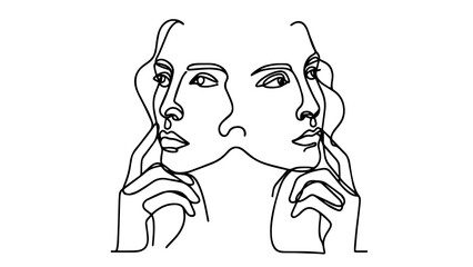 thoughtful faces one line illustration