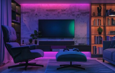 Modern minimalist living room with vibrant LED lighting highlighting furniture and bookshelves, featuring a TV against a soft purple background