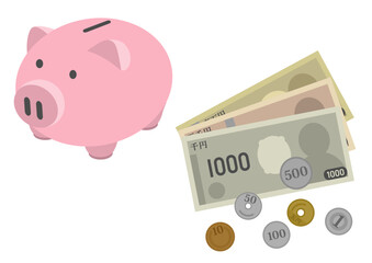 お金と貯金箱のイラスト_貯金箱ピンク_24年の新札版	

