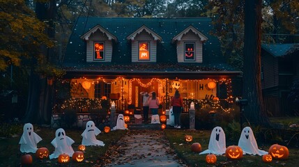 Naklejka premium Spooky Fun: Group of Friends Decorating House with Halloween Props like Tombstones and Inflatable Ghosts