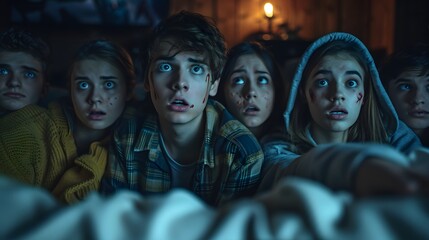 Obraz premium Intense Reactions: Friends Watching a Horror Movie Jump Scare