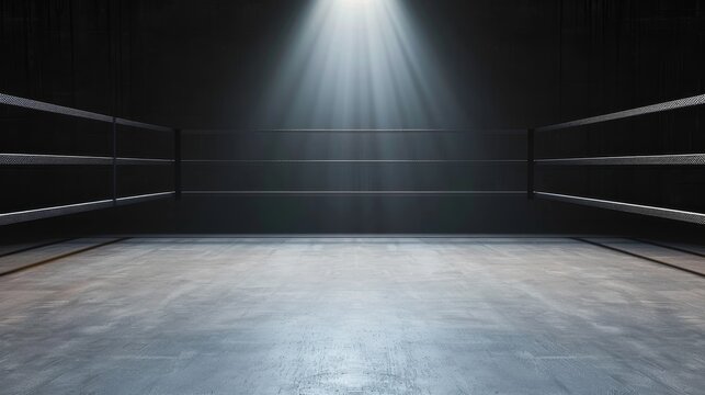 Boxing ring bathed in spotlight, empty sports arena, Copy space for text, focus cover all object, deep depth of field