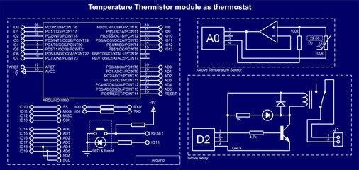 Vector schematic diagram of electronic device on arduino. Temperature thermistor module as thermostat.  Thermostat using temperature sensor, relay modules, operational amplifier, resistor.