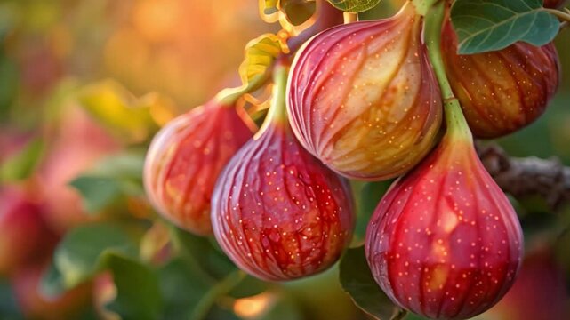 A close-up of plump, ripe figs hanging from a tree branch, bathed in the warm glow of the setting sun.