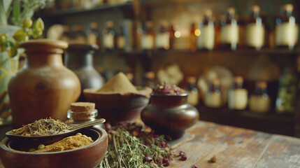 Fototapeta premium Medicines prepared from therapeutic herbs