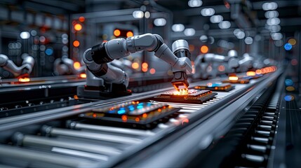 A modern robotics manufacturing facility with robotic arms assembling electronic components on a conveyor belt, showcasing precision and efficiency.
