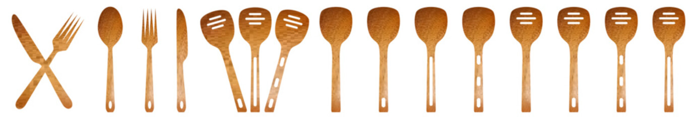 Fork, knife, spoon and plate Wooden set icons. Tableware set flat style.