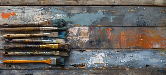 Horizontal image of brushes on a wooden plank construction concept. set of paint samples. 