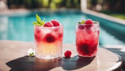 Spring or summer refreshing cold cocktail with berries and lemon, raspberry lemonade. near the pool