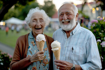 An elderly couple is captured sharing a joyful moment as they hold ice cream cones in a picturesque outdoor setting.