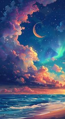 Stunning Anime-style Sky and Ocean Beach Illustration with Colorful Clouds, Planet, and Sunset 