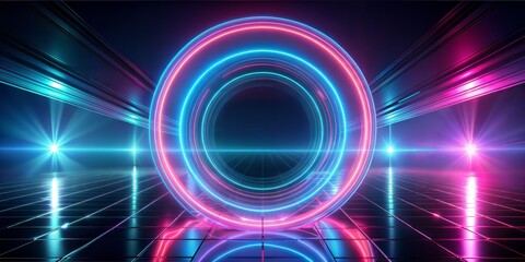Obraz premium Abstract 3D Neon Light Render Circle Futuristic Ring Line Blue Translucent Wallpaper