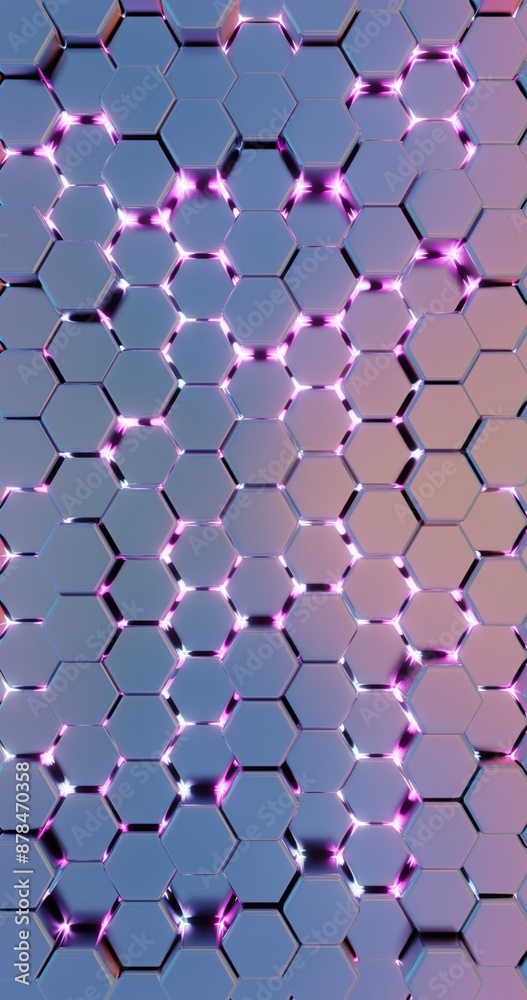 Poster abstract hexagonal pattern with metallic surface and pink glowing highlights