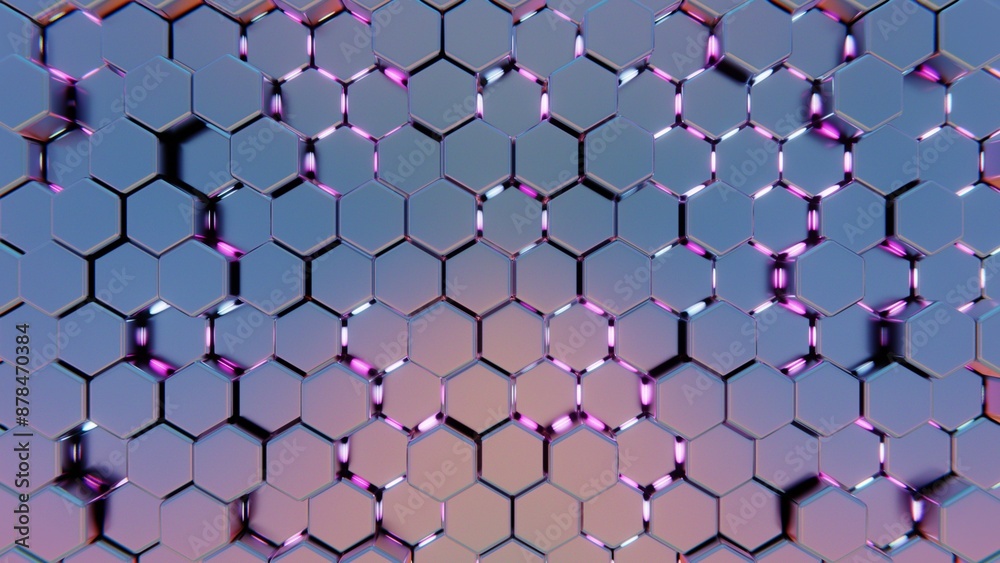 Poster Abstract Hexagonal Pattern with Metallic Surface and Pink Glowing Highlights