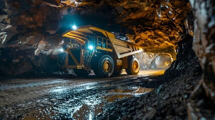 Fototapeta premium Massive Mining Excavator Navigating through Dimly Lit Underground Tunnel