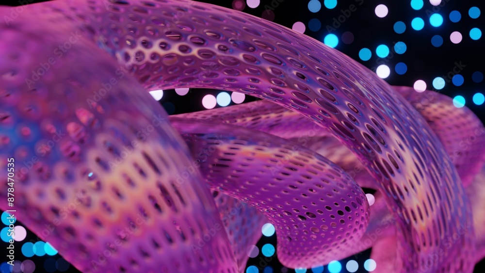 Poster abstract 3d structure with pink and purple mesh and neon bokeh background