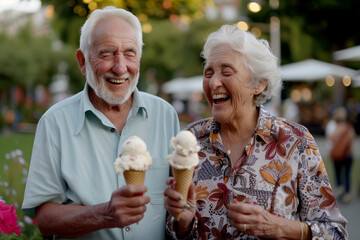 An elderly couple is captured sharing a joyful moment as they hold ice cream cones in a picturesque outdoor setting.