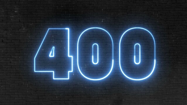 400 number text font with light. Luminous and shimmering haze inside the letters of the text 400.  Four hundred neon sign.