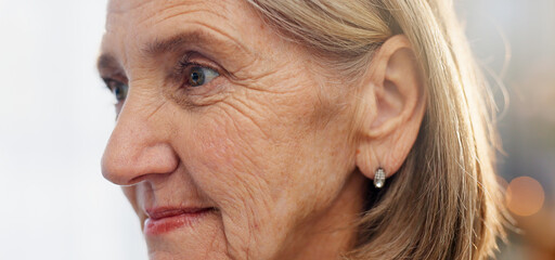 Old woman, thinking and plan in home, reflection and remember past life or memory in retirement....