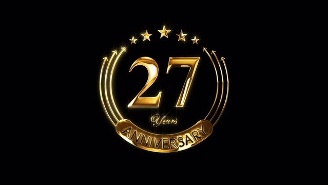 Happy 27th Anniversary Celebration. Golden 27 Years Anniversary Animation in Gold Color on the Transparent Background, Alpha Channel. Great for greetings, celebrations, events, and gifts.
