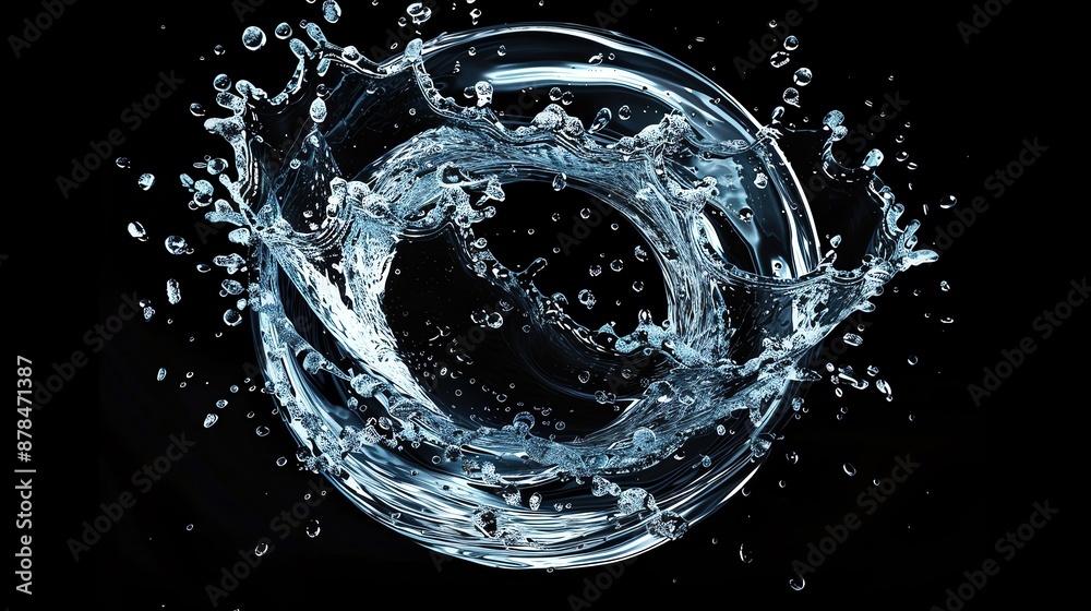 Poster dynamic splash of water in a circular motion against a black background, capturing motion and fluidi