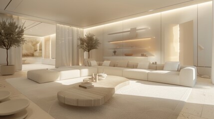 Minimalist family lounge, soft lighting