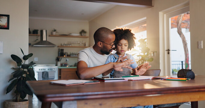 African man, child and math homework with helping hand, counting and guide for solution in family house. Learning, father and son with support, motivation and notebooks for education at apartment