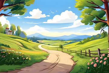 A cheerful cartoon unfolds: rolling green hills splashed with wildflowers, a bright blue sky with fluffy clouds, and a quaint farmhouse with smoke curling from its chimney. 