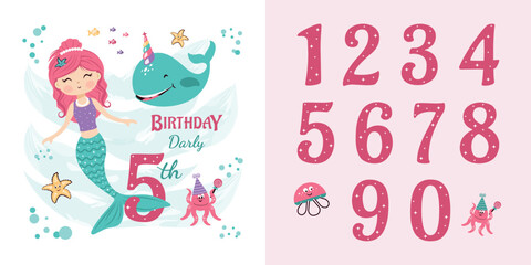 A greeting card with a picture of a mermaid, a whale, marine life and a set of festive numbers.