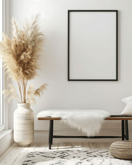 Cozy Corner with Black Bench, Pampas Grass in Vase, and Large Empty Frame Mock-up poster on Wall