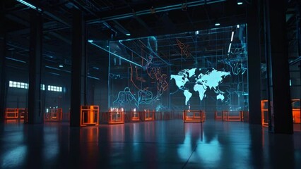 A 3D rendering of a futuristic warehouse with a world map hologram in the center. - Powered by Adobe