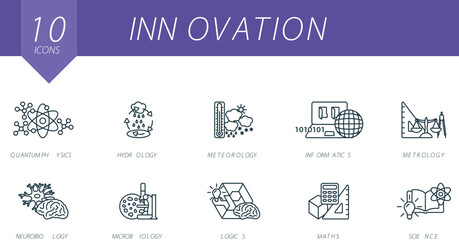 Innovation outline icons set. Creative icons: quantum physics, hydrology, meteorology, informatics, metrology, neurobiology, microbiology, logics, maths, science.