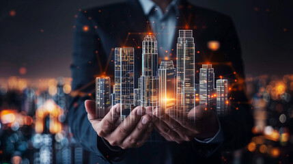 Businessman holding real estate and construction symbols, illustrating commitment to engineering, construction, and investment and business development.