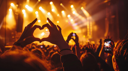 Concert Crowd Making Heart Shapes with Hands Under Bright Stage Lights