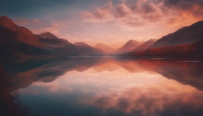 Fototapeta premium a mirror-bright view of the lake between the mountains, dramatic sunset colors 