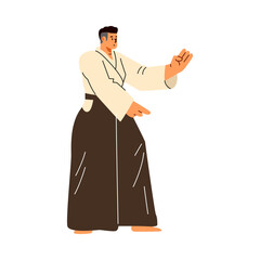 Vector illustration a man in a kimono practicing a martial pose from oriental martial arts