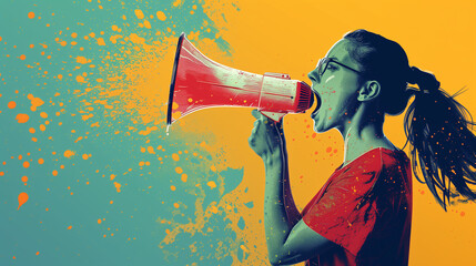An image of a woman screaming through a megaphone, symbolizing her commitment to fighting for women's rights and equality.