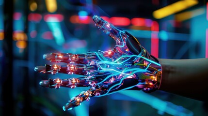 Fototapeta premium Futuristic Robotic Hand, Glowing cybernetic arm, High-tech innovation.