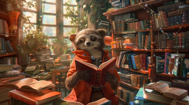 A sloth librarian organizing books in a whimsical library