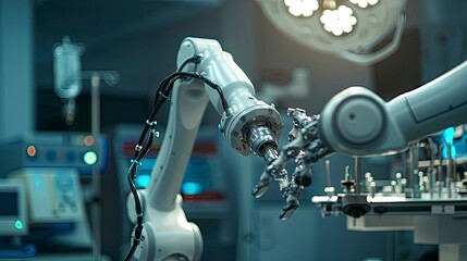 A robotic arm assembling medical devices with extreme care and precision.