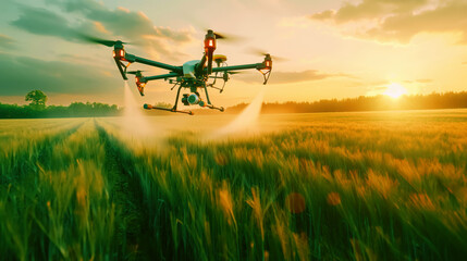Fototapeta premium Agricultural drone spraying pesticides over a wheat field at sunset creating dramatic lighting.