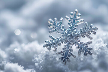 Frosty winter card with falling snow. Crystallic white snowflake on blured defocused background. Magical macro snowflakes backdrop. Holiday background for Christmas New Year banner with copy space.